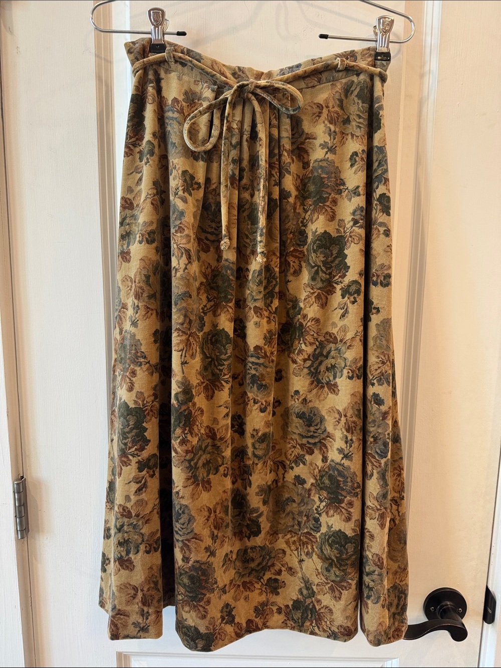 Panther Rare Vintage A-Line Velvet Midi Skirt Tan and Green Floral Cottagecore